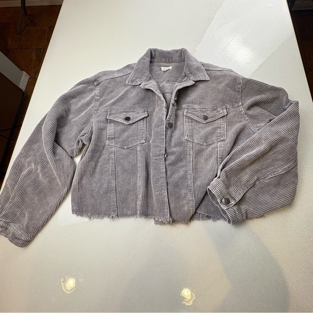 POL Heather Gray Corduroy Jacket Cropped Fringed Hem Oversized 100% Cotton - Picture 2 of 13
